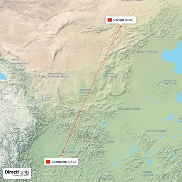 Ulanqab - Chongqing direct flight map