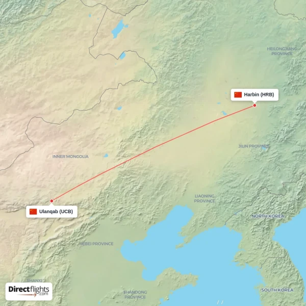 Ulanqab - Harbin direct flight map