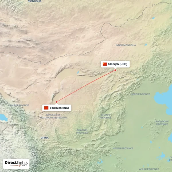 Ulanqab - Yinchuan direct flight map