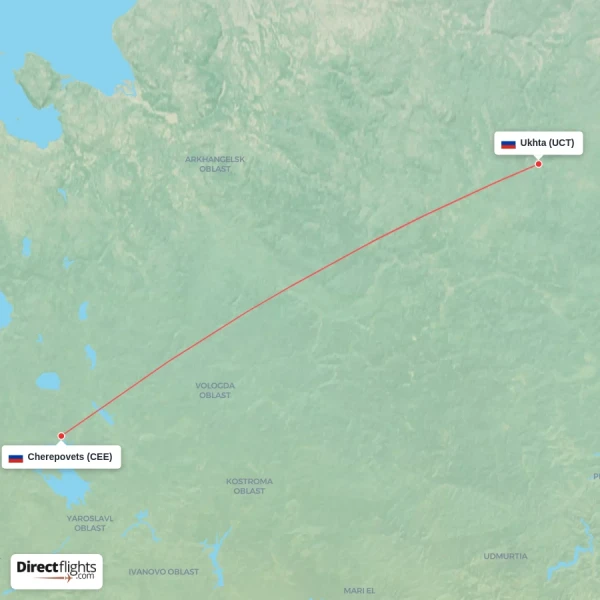 Ukhta - Cherepovets direct flight map