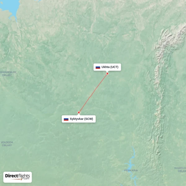 Ukhta - Syktyvkar direct flight map