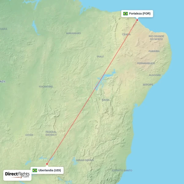 Uberlandia - Fortaleza direct flight map