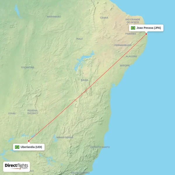 Uberlandia - Joao Pessoa direct flight map