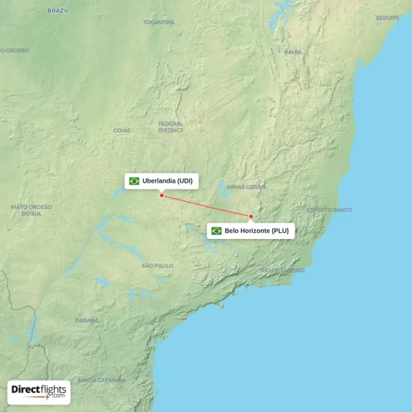 Uberlandia - Belo Horizonte direct flight map