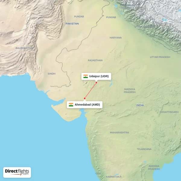 Udaipur - Ahmedabad direct flight map