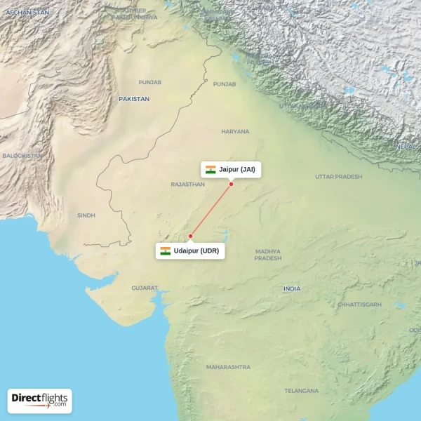 Udaipur - Jaipur direct flight map