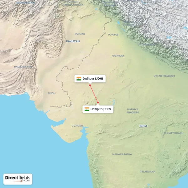 Udaipur - Jodhpur direct flight map