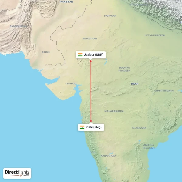 Udaipur - Pune direct flight map