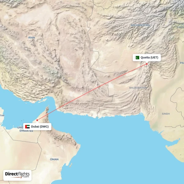 Quetta - Dubai direct flight map