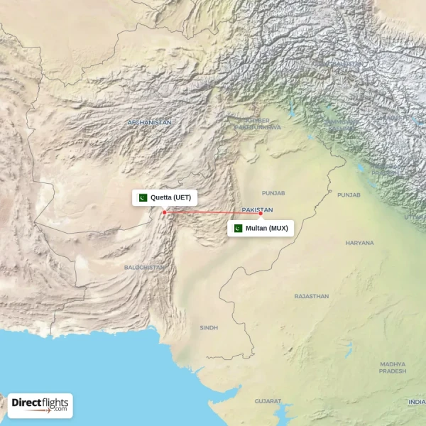 Quetta - Multan direct flight map