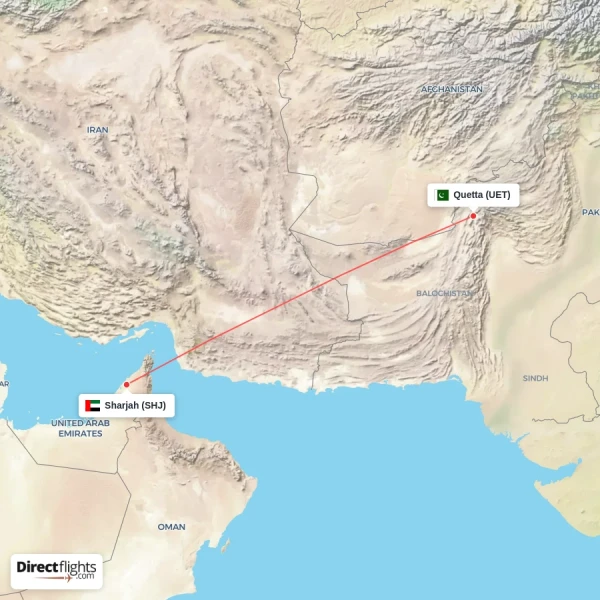 Quetta - Sharjah direct flight map