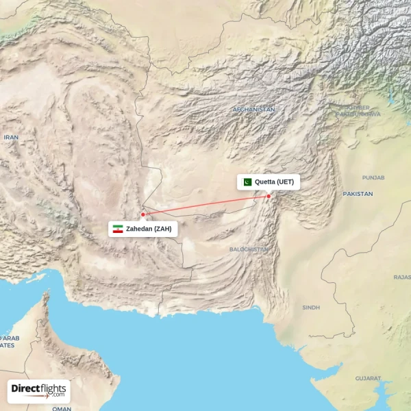 Quetta - Zahedan direct flight map