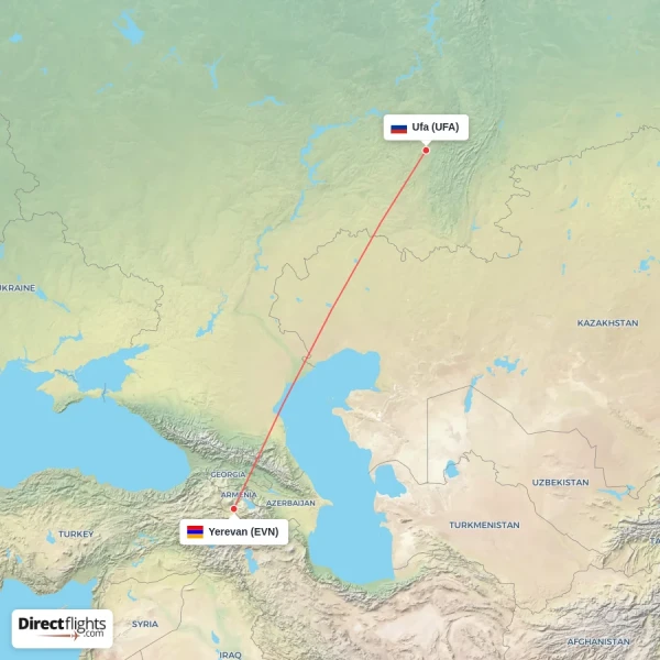 Ufa - Yerevan direct flight map