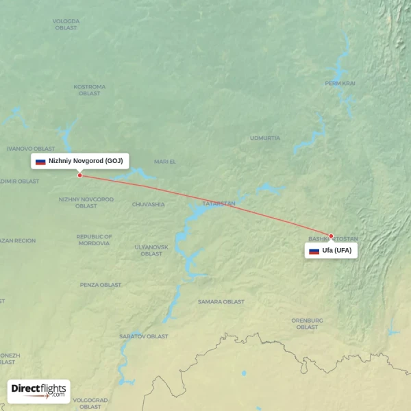 Ufa - Nizhniy Novgorod direct flight map