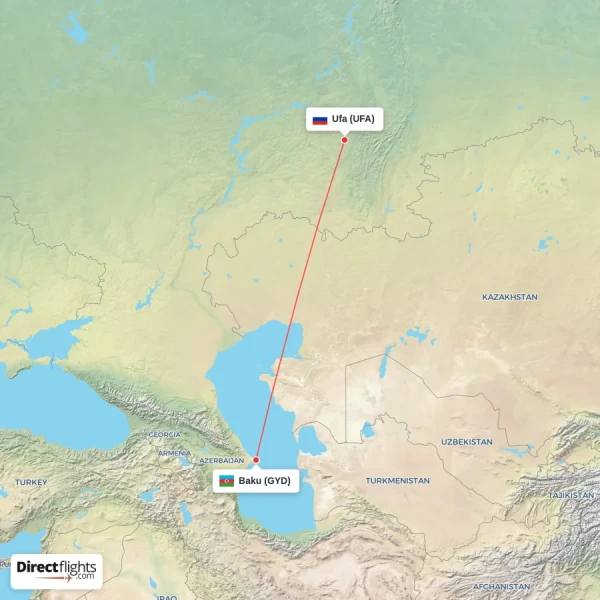 Ufa - Baku direct flight map