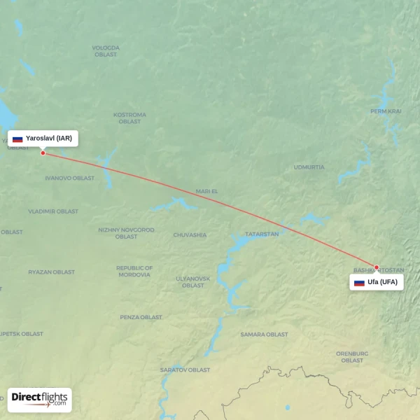 Ufa - Yaroslavl direct flight map
