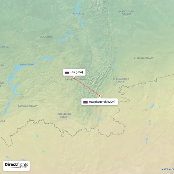 Ufa - Magnitogorsk direct flight map
