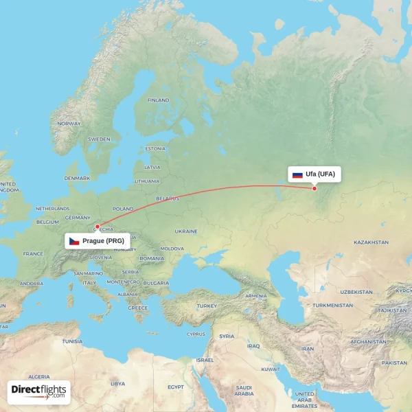 Ufa - Prague direct flight map