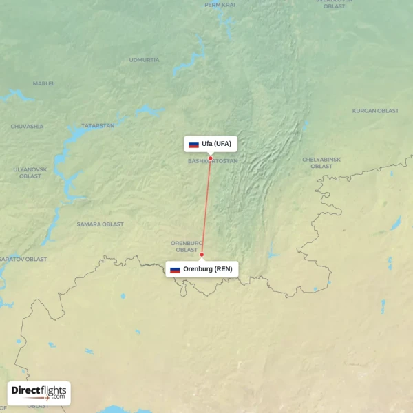 Ufa - Orenburg direct flight map