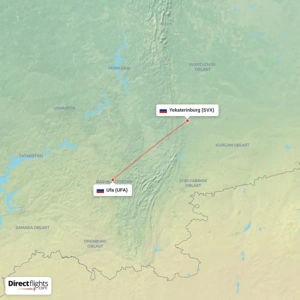 Ufa - Yekaterinburg direct flight map