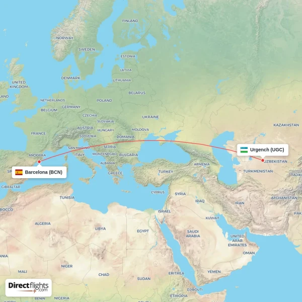 Urgench - Barcelona direct flight map