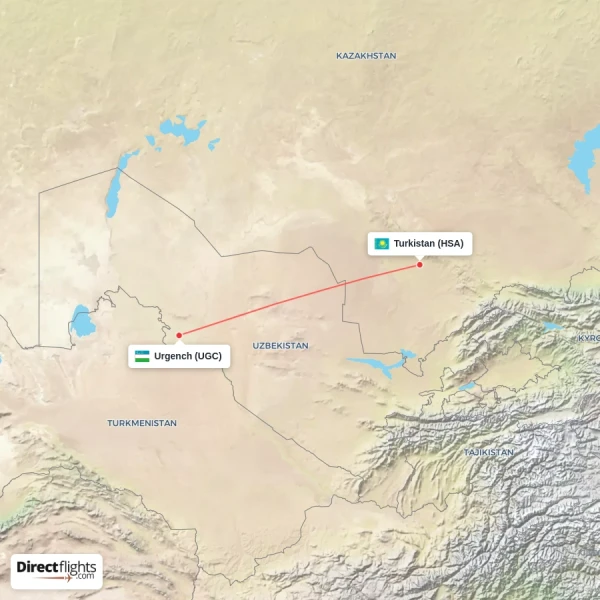 Urgench - Turkistan direct flight map