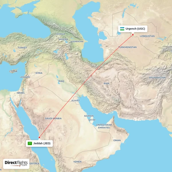 Urgench - Jeddah direct flight map