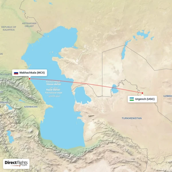 Urgench - Makhachkala direct flight map