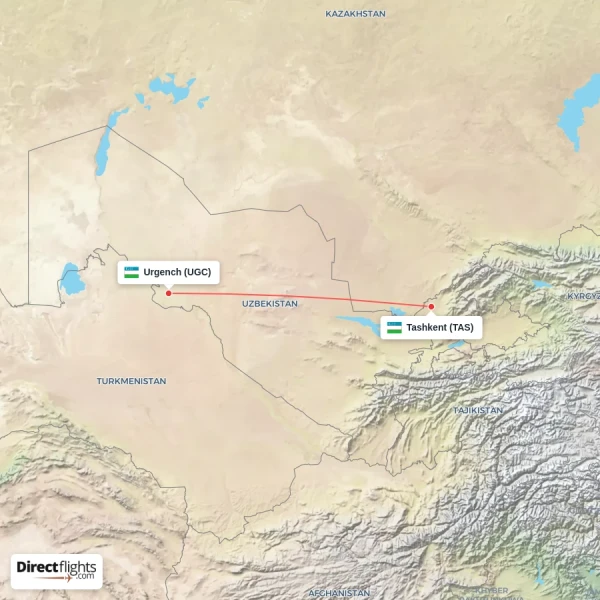 Urgench - Tashkent direct flight map