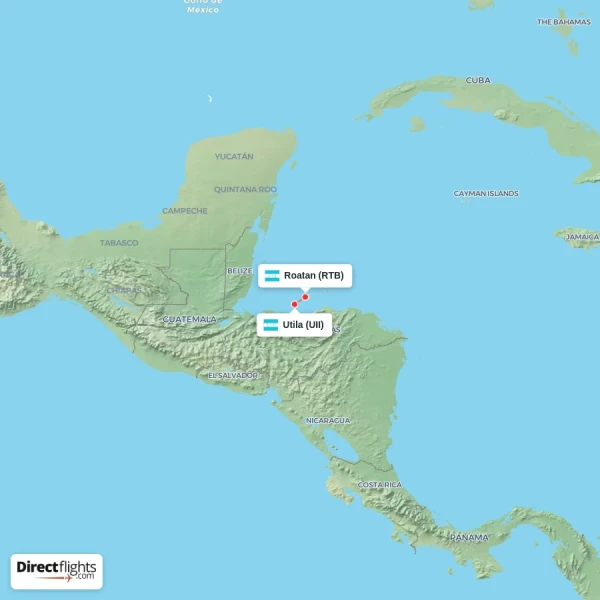Utila - Roatan direct flight map