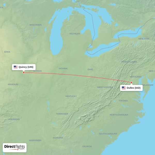 Quincy - Dulles direct flight map