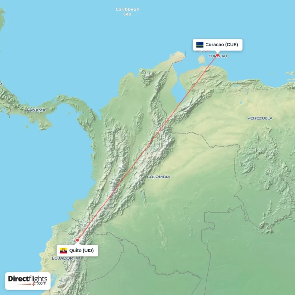 Quito - Curacao direct flight map