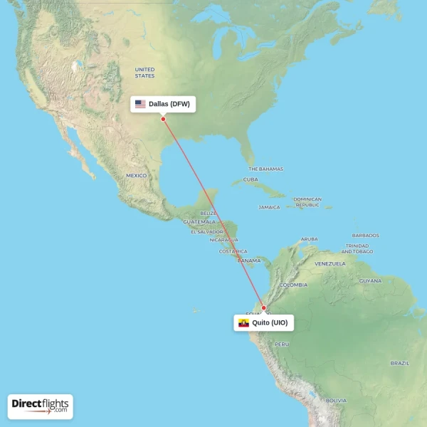 Quito - Dallas direct flight map