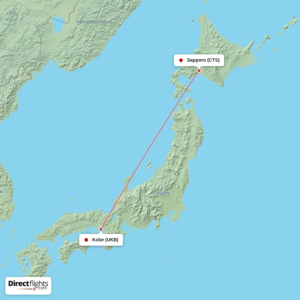 Kobe - Sapporo direct flight map