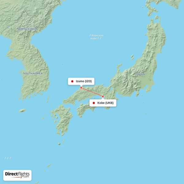 Kobe - Izumo direct flight map