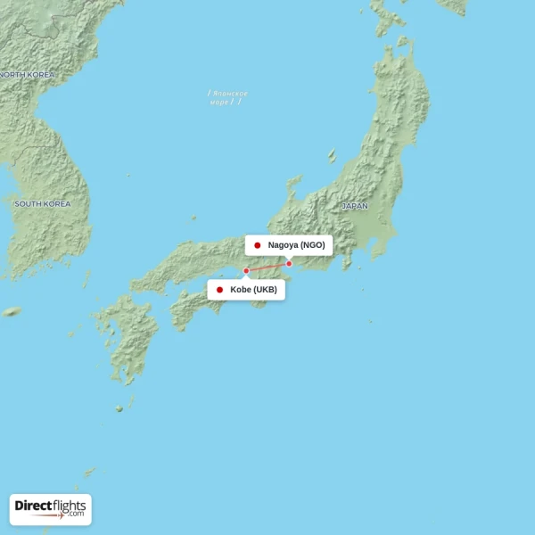 Kobe - Nagoya direct flight map