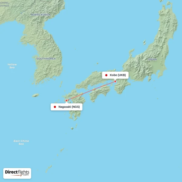 Kobe - Nagasaki direct flight map
