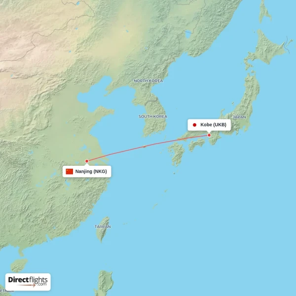Kobe - Nanjing direct flight map
