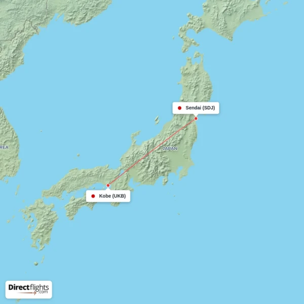 Kobe - Sendai direct flight map
