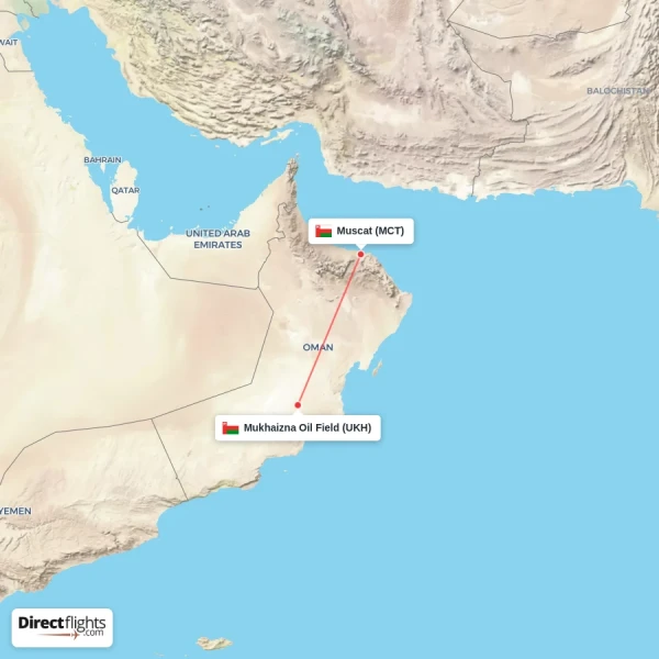 Mukhaizna Oil Field - Muscat direct flight map