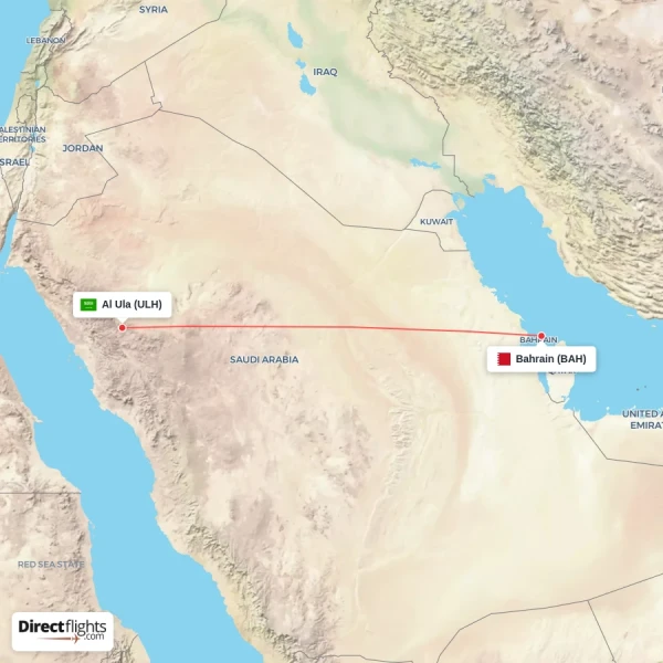 Al Ula - Bahrain direct flight map