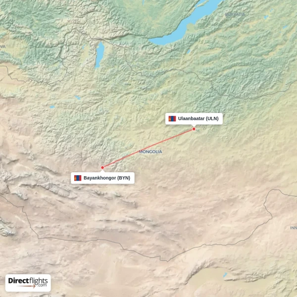 Ulaanbaatar - Bayankhongor direct flight map