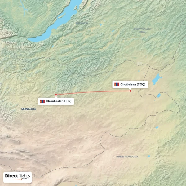 Ulaanbaatar - Choibalsan direct flight map