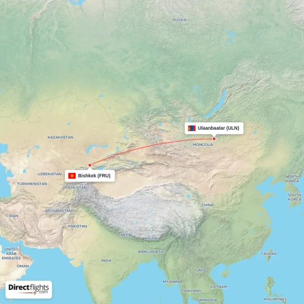 Ulaanbaatar - Bishkek direct flight map