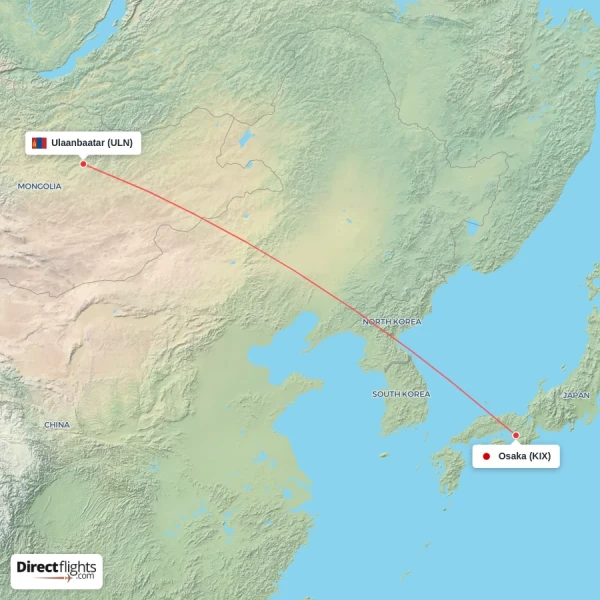 Ulaanbaatar - Osaka direct flight map