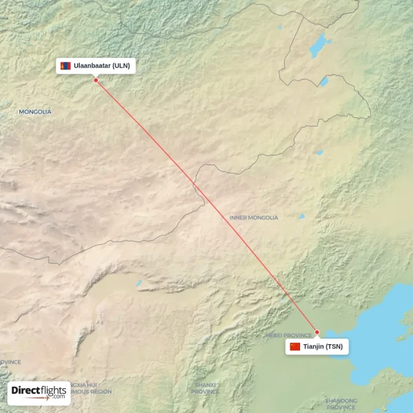 Ulaanbaatar - Tianjin direct flight map