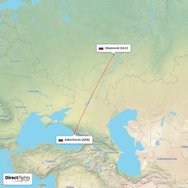 Ulyanovsk - Adler/Sochi direct flight map