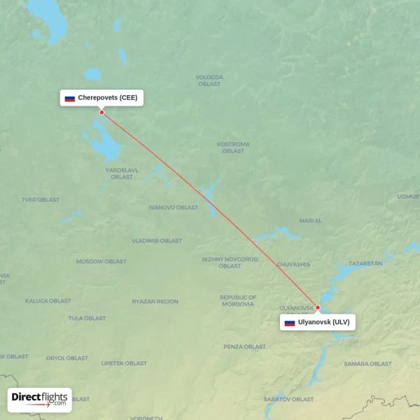 Ulyanovsk - Cherepovets direct flight map