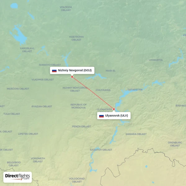 Ulyanovsk - Nizhniy Novgorod direct flight map