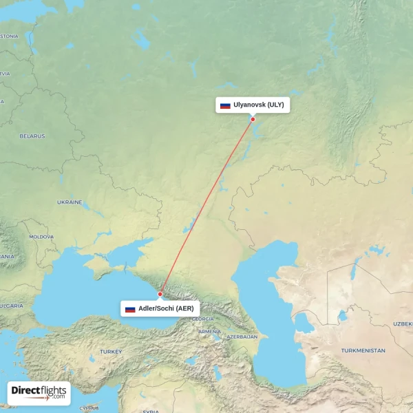 Ulyanovsk - Adler/Sochi direct flight map